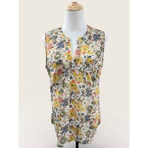 Boho Sheer Floral V Neck Peasant Top with Front Pockets & Gold Thread, Size M